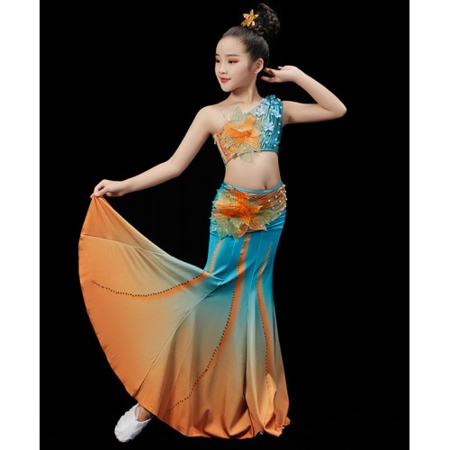 Children Girls orange with blue chinese folk dance dress peacock Dai costumes Peacock performance dresses kids belly folk dance fishtail skirt 